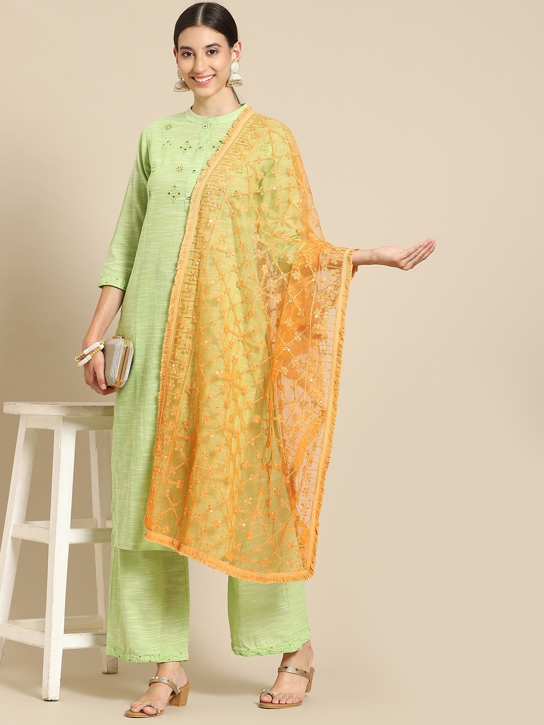 

Saadgi Orange & Bronze-Toned Ethnic Motifs Embroidered Dupatta with Chikankari