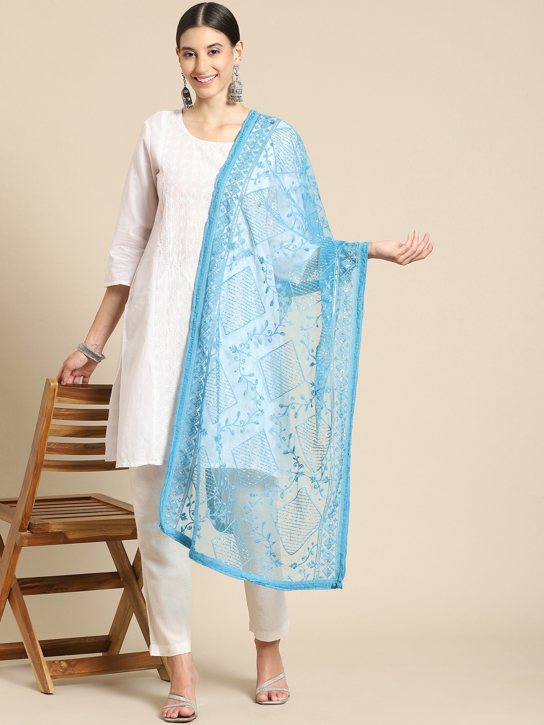 

Saadgi Blue & Golden Chikankari Embroidered Dupatta