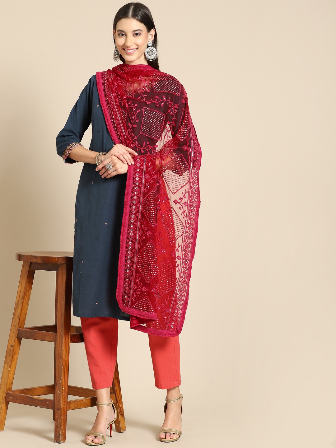 

Saadgi Red & Golden Chikankari Embroidered Dupatta