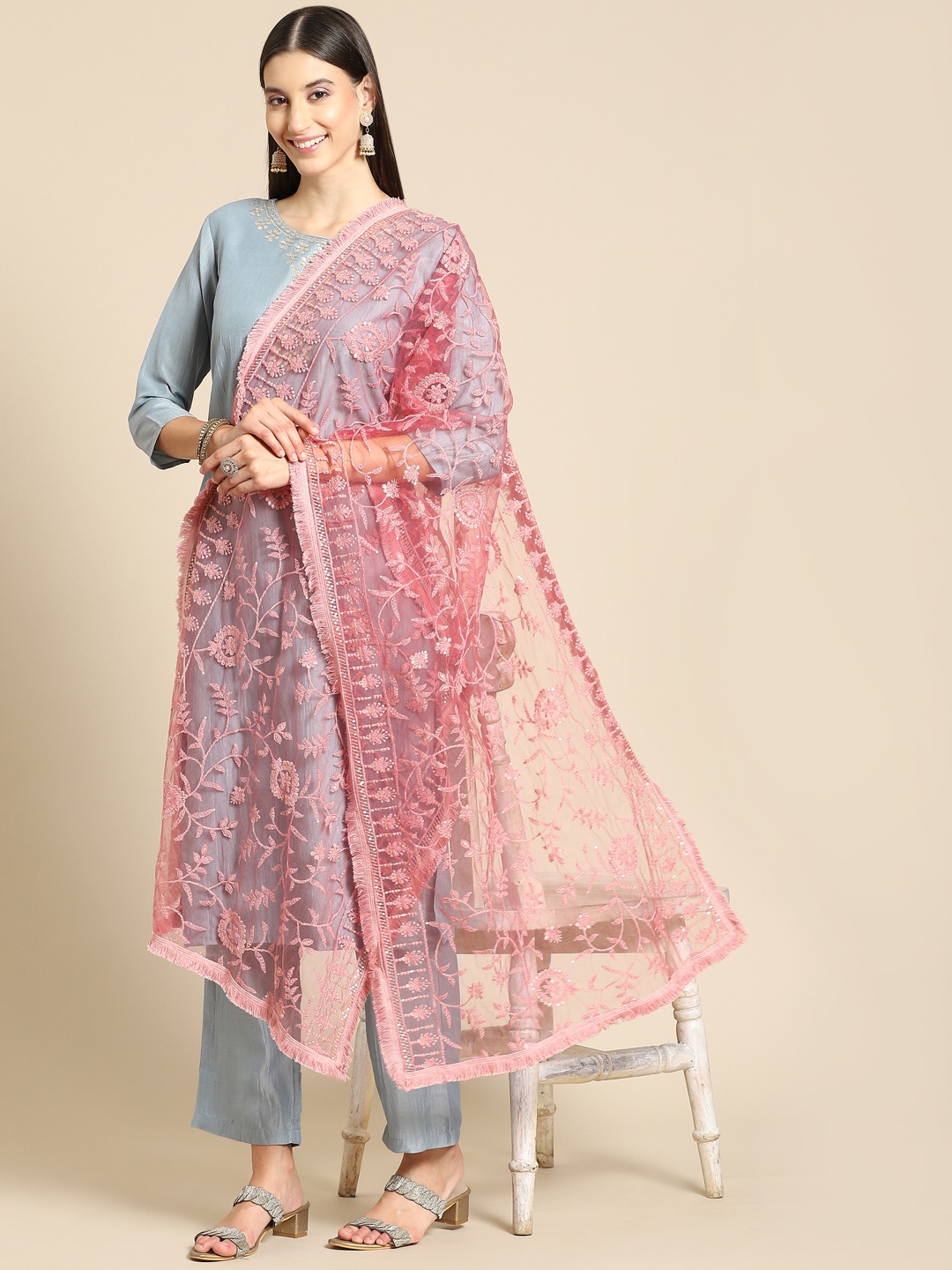 

Saadgi Rose Ethnic Motifs Embroidered Dupatta with Chikankari