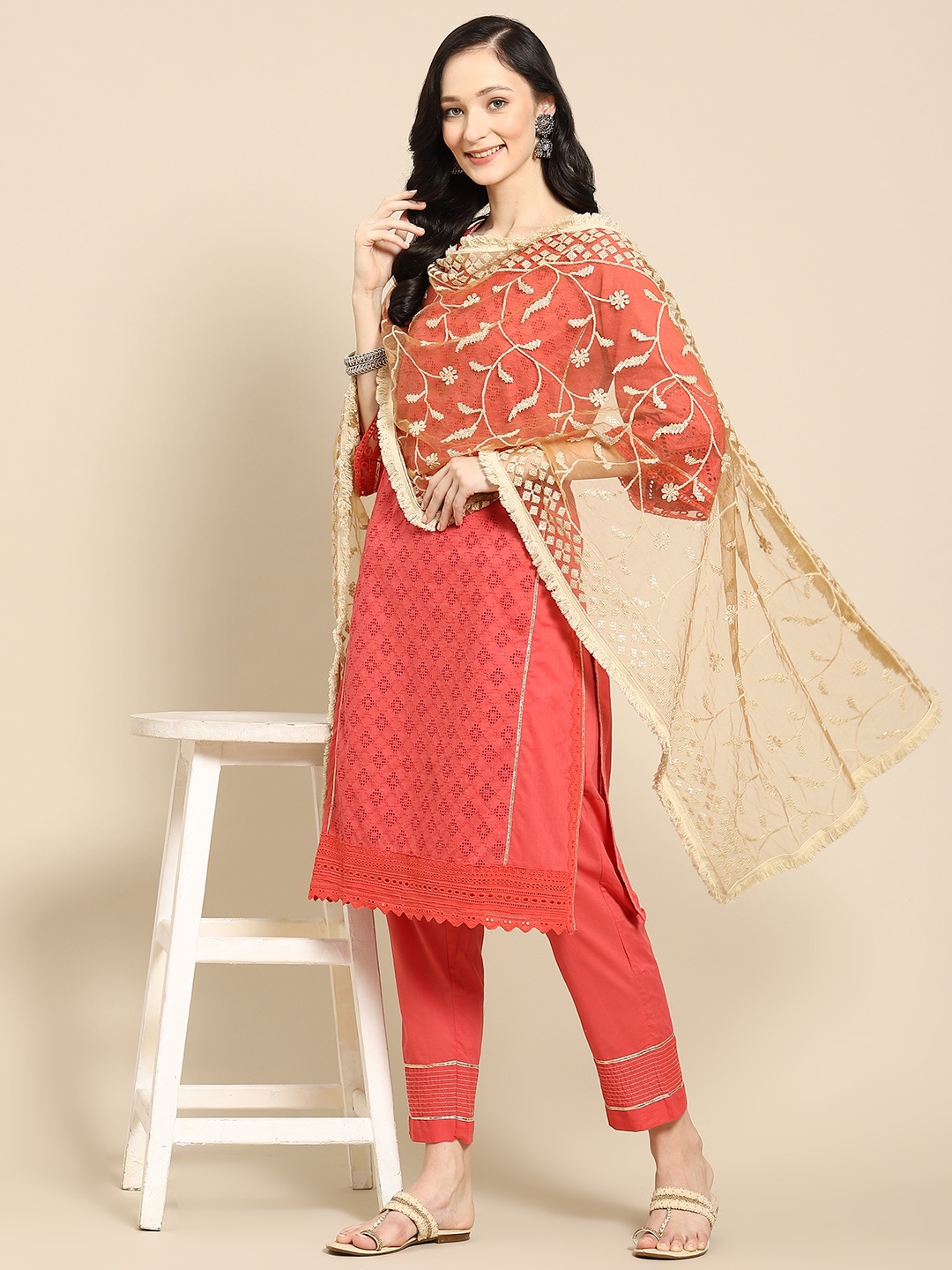 

Saadgi Beige & Gold-Toned Ethnic Motifs Embroidered Dupatta with Chikankari