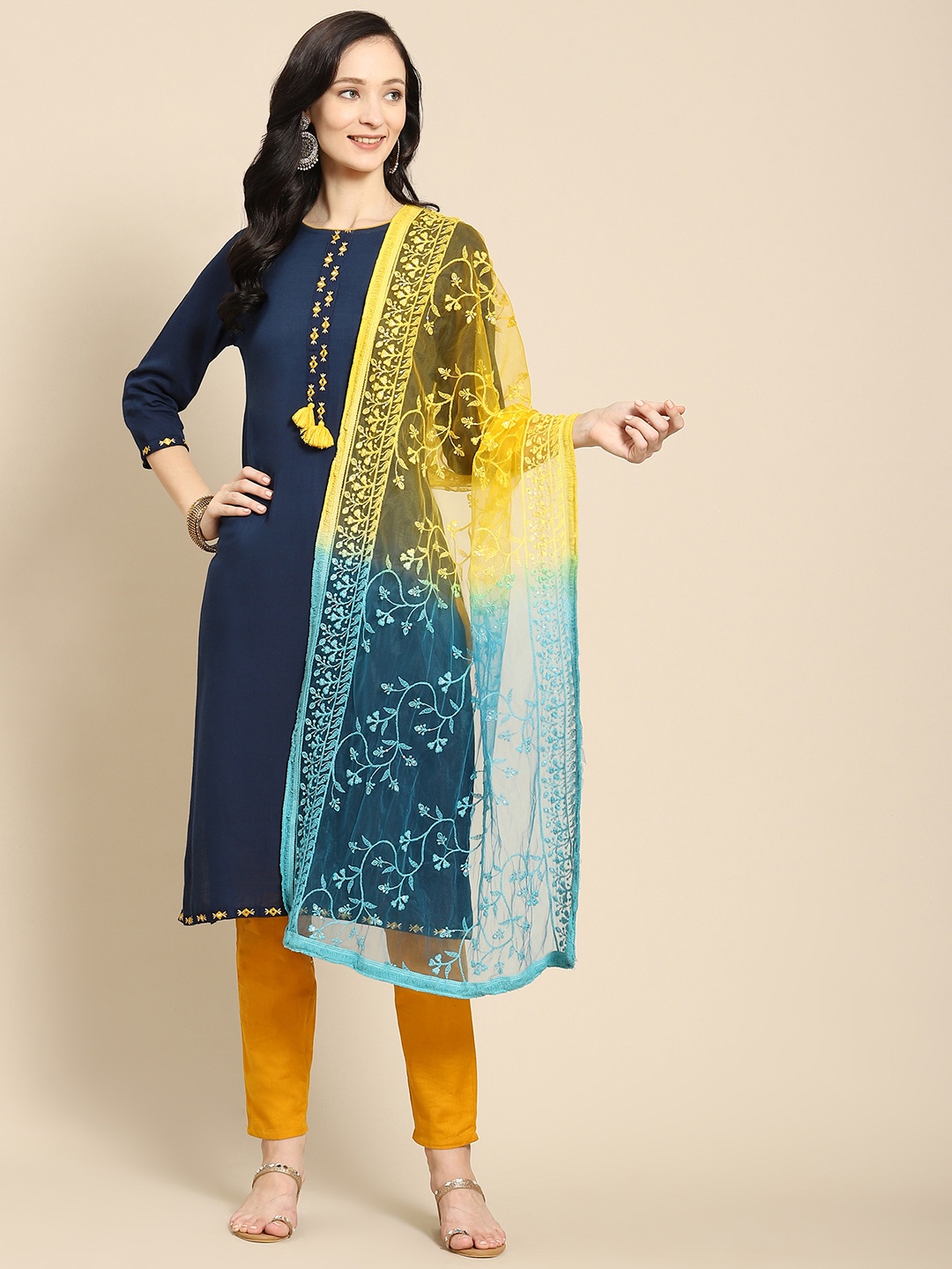 

Saadgi Tan & Mustard Ethnic Motifs Embroidered Ombre Dupatta with Chikankari