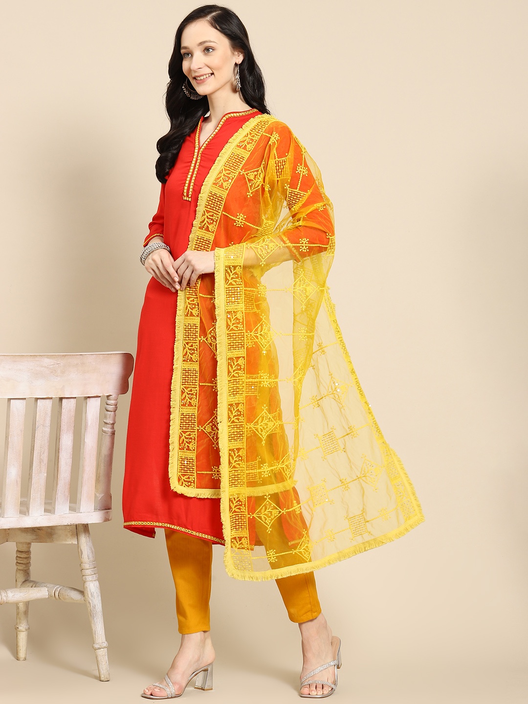 

Saadgi Mustard & Gold-Toned Ethnic Motifs Embroidered Dupatta with Chikankari