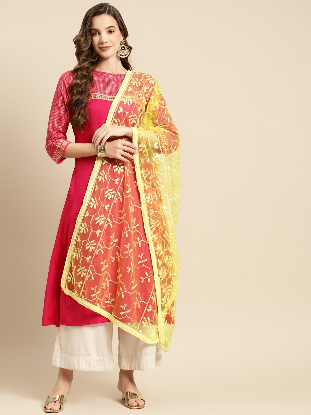 

Saadgi Yellow & Golden Ethnic Motifs Embroidered Dupatta with Chikankari