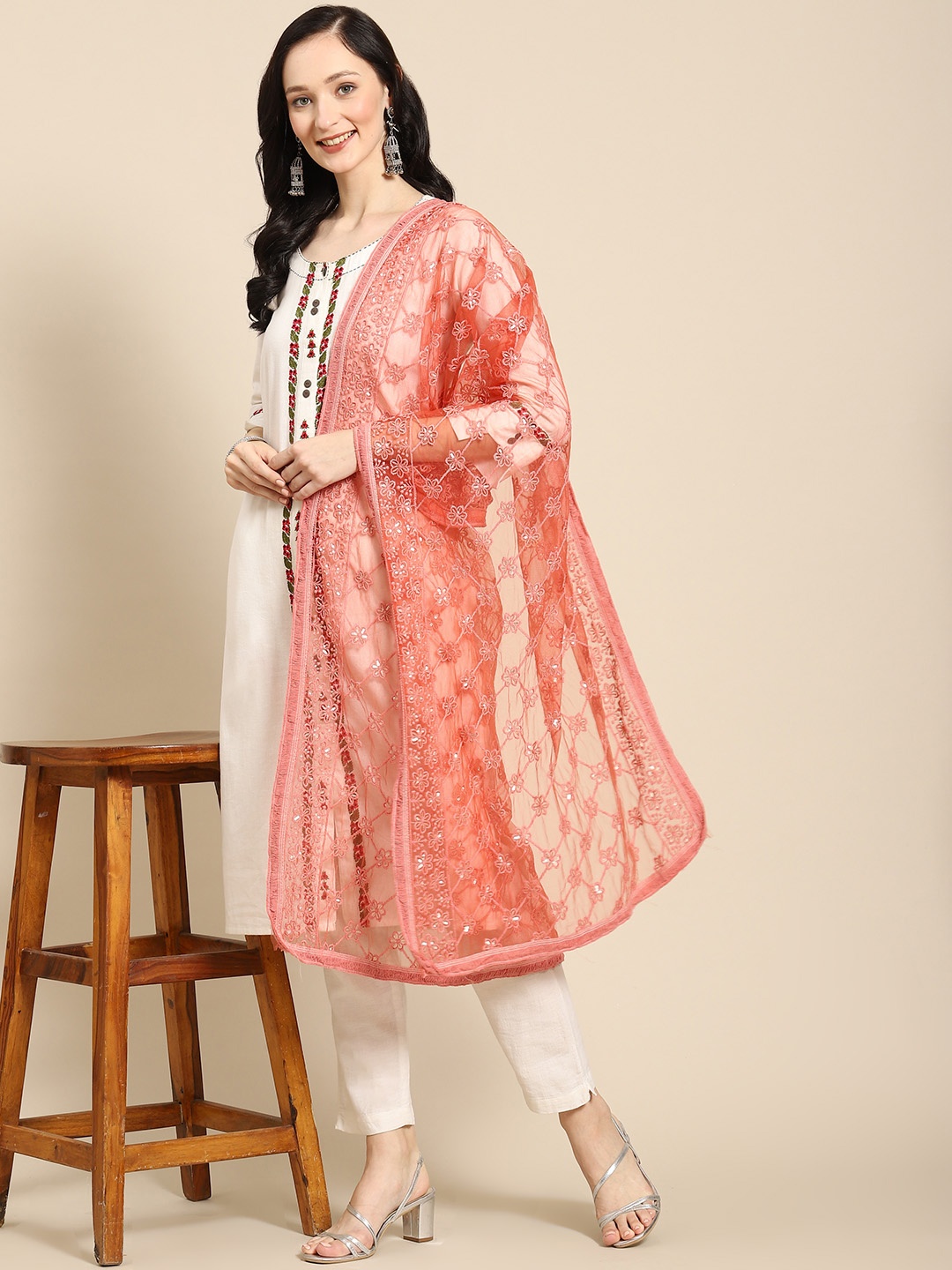 

Saadgi Rust Ethnic Motifs Embroidered Dupatta with Chikankari