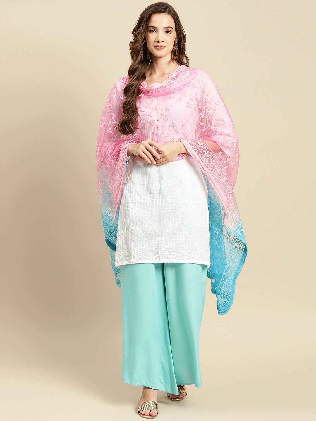 

Saadgi Pink & Turquoise Blue Ethnic Motifs Embroidered Sequin Work Dupatta with Chikankari