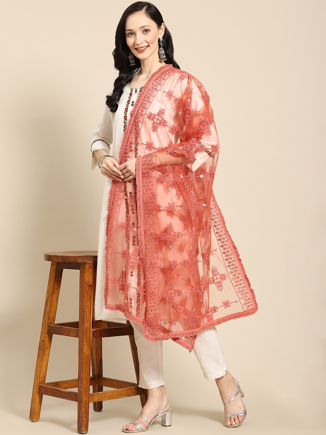 

Saadgi Orange & Golden Chikankari Embroidered Dupatta