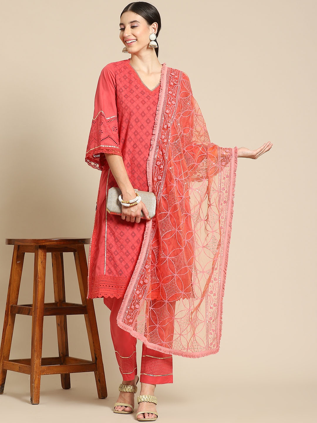 

Saadgi Peach-Coloured & Gold-Toned Ethnic Motifs Embroidered Dupatta with Chikankari