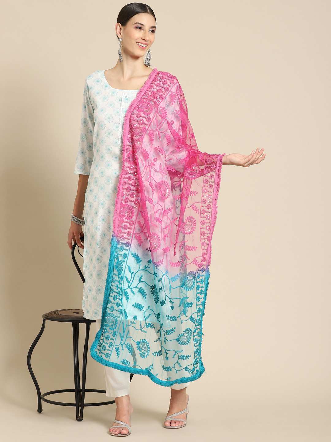 

Saadgi Pink & Blue Ethnic Motifs Embroidered Ombre Dupatta with Chikankari
