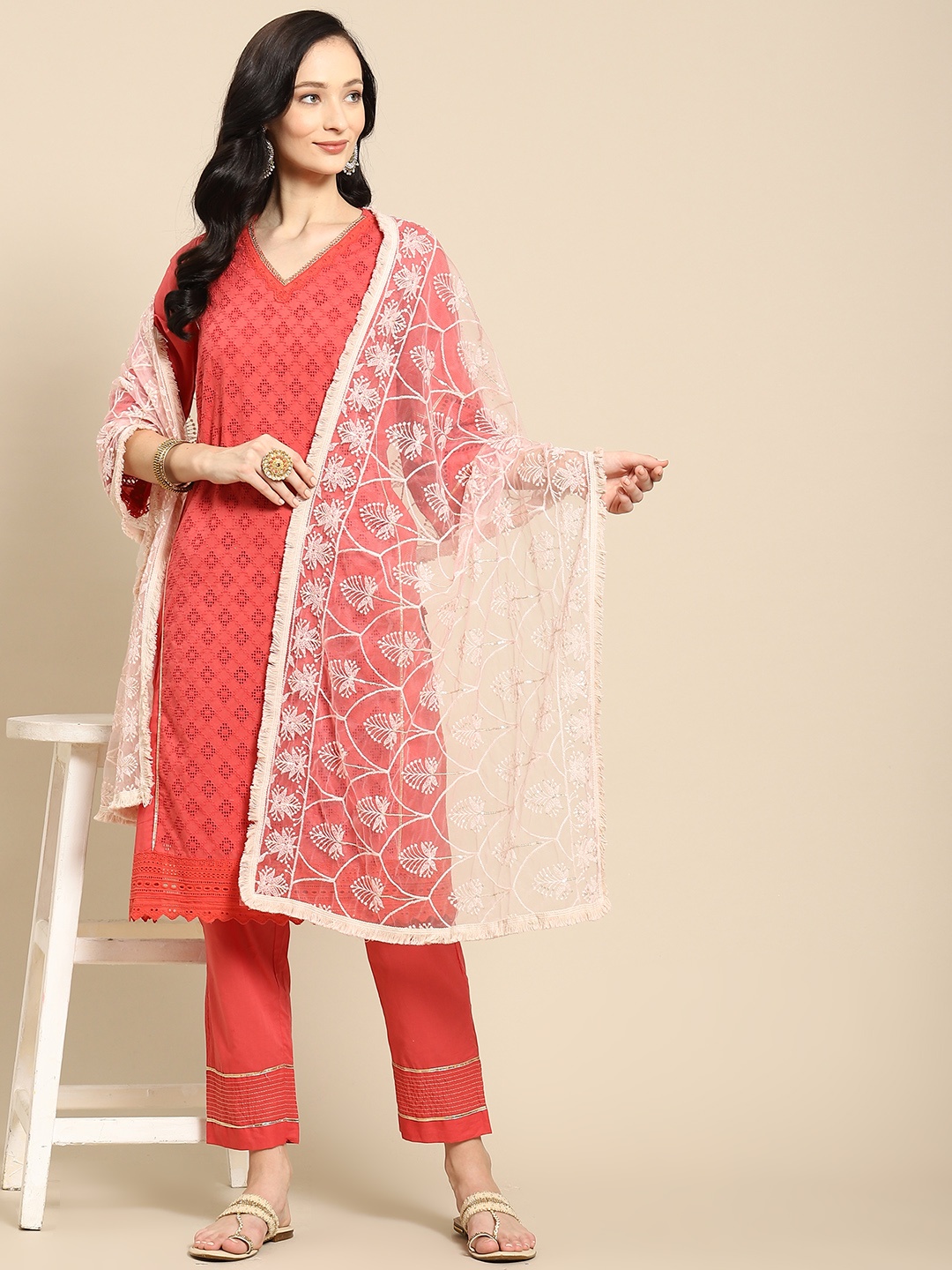 

Saadgi Pink & Golden Chikankari Embroidered Dupatta