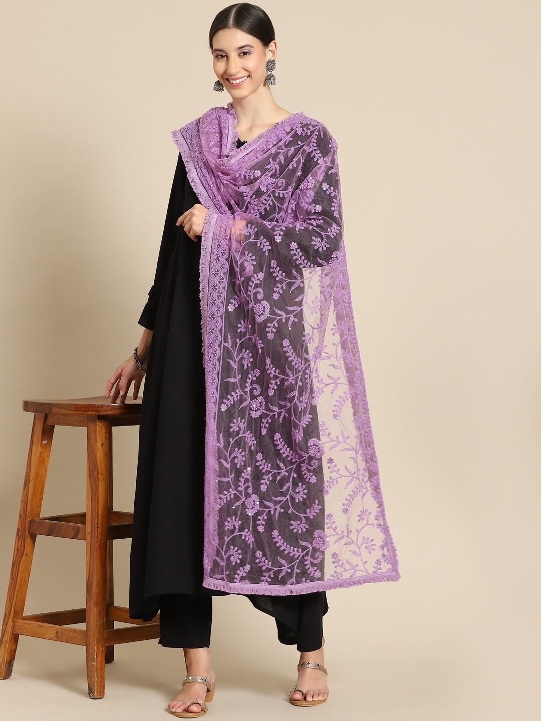 

Saadgi Purple & Golden Chikankari Embroidered Dupatta