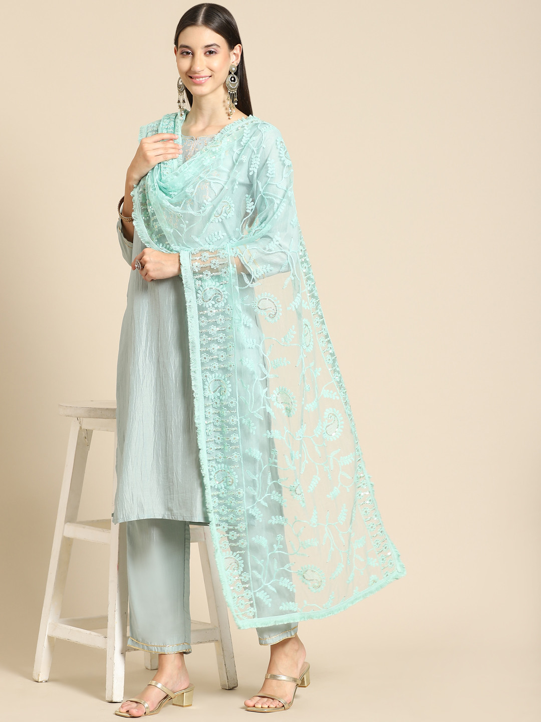 

Saadgi Sea Green Ethnic Motifs Embroidered Dupatta with Chikankari