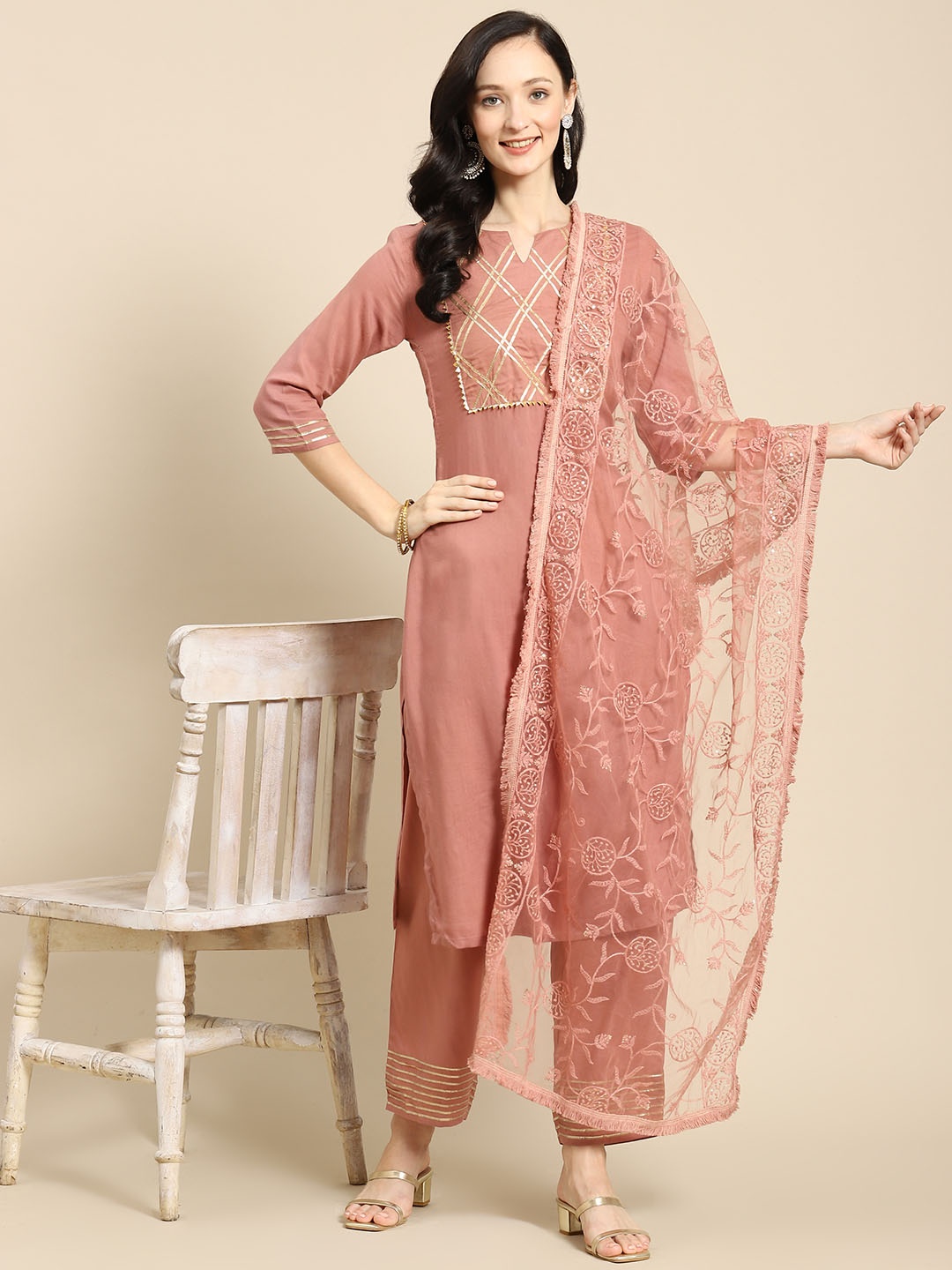 

Saadgi Rose & Golden Chikankari Embroidered Dupatta
