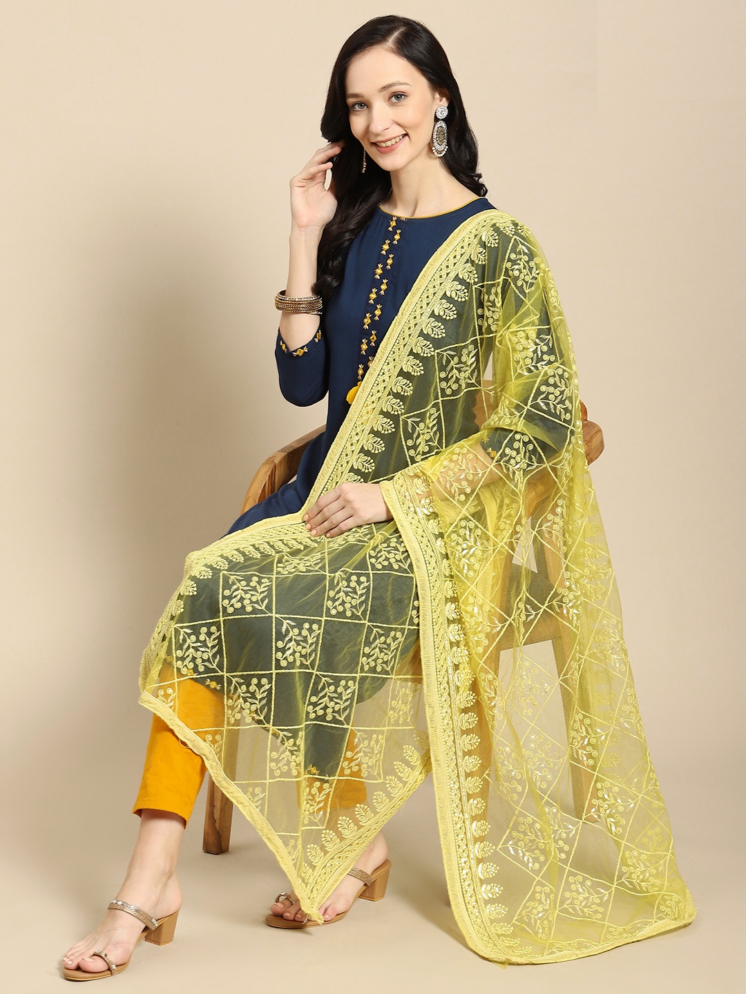

Saadgi Yellow & Gold-Toned Ethnic Motifs Embroidered Dupatta with Chikankari