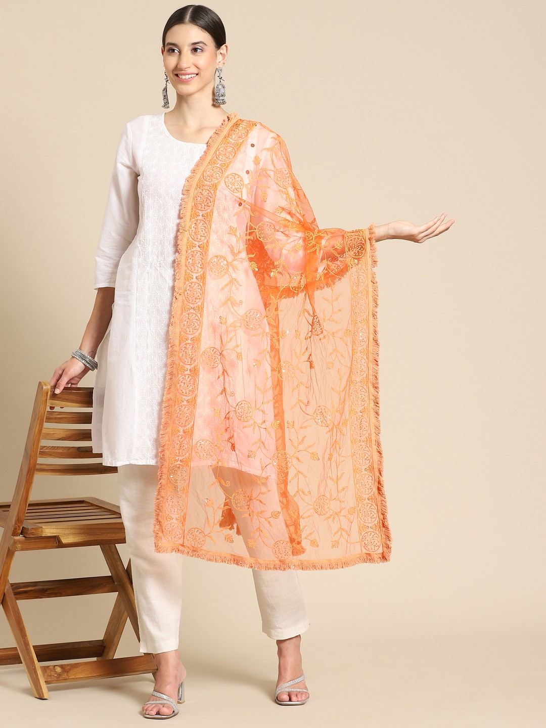 

Saadgi Peach-Coloured & Golden Chikankari Embroidered Dupatta