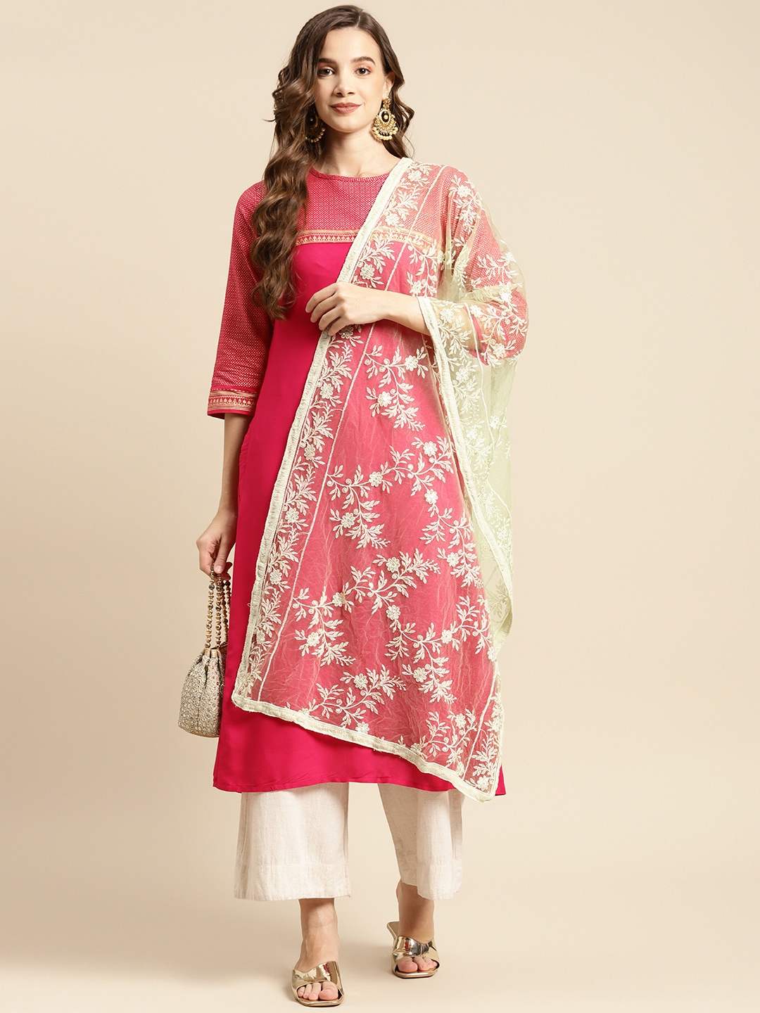 

Saadgi Lime Green Ethnic Motifs Embroidered Sequin Work Dupatta with Chikankari