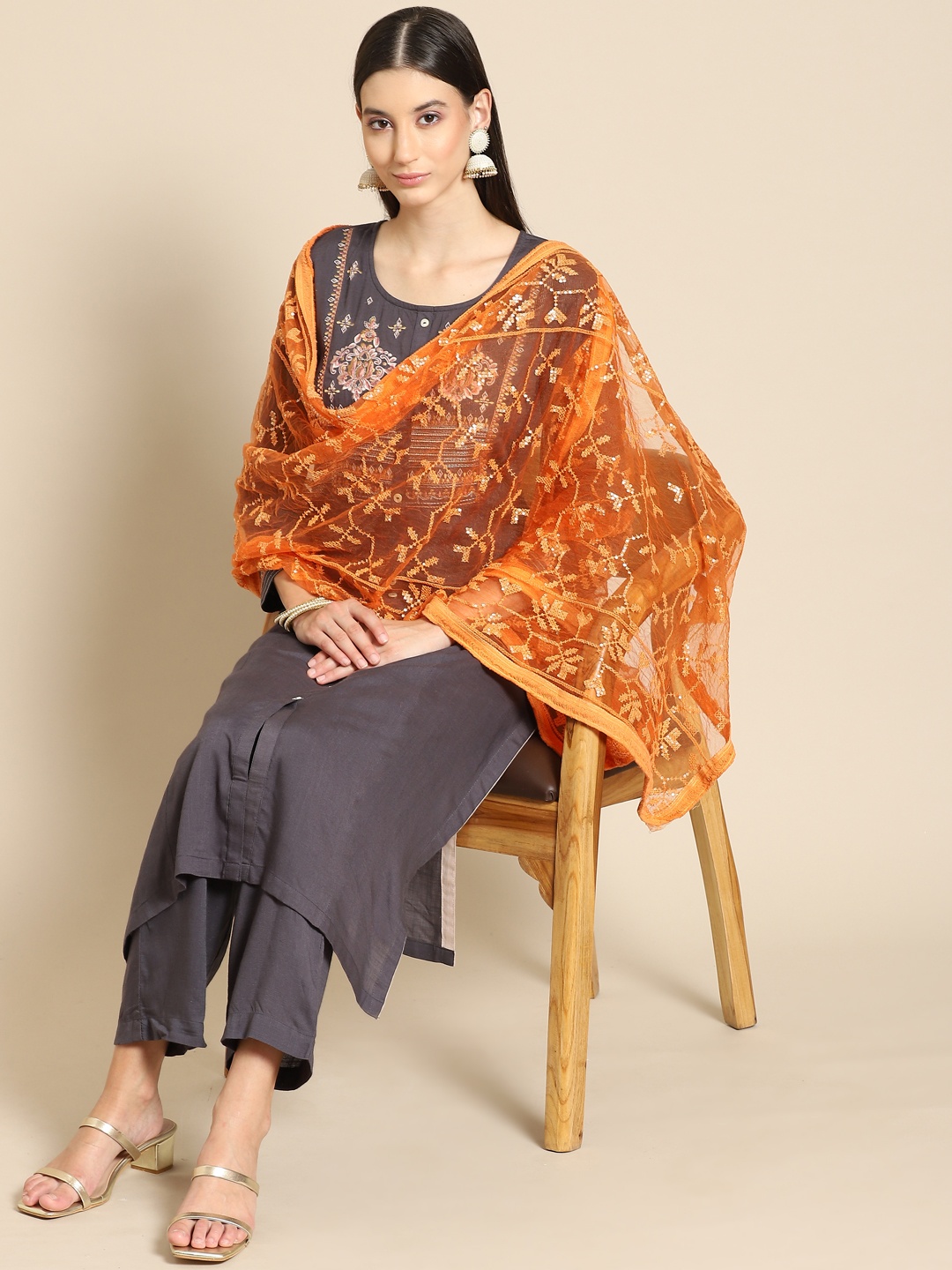 

Saadgi Peach-Coloured & Gold-Toned Ethnic Motifs Embroidered Dupatta with Chikankari