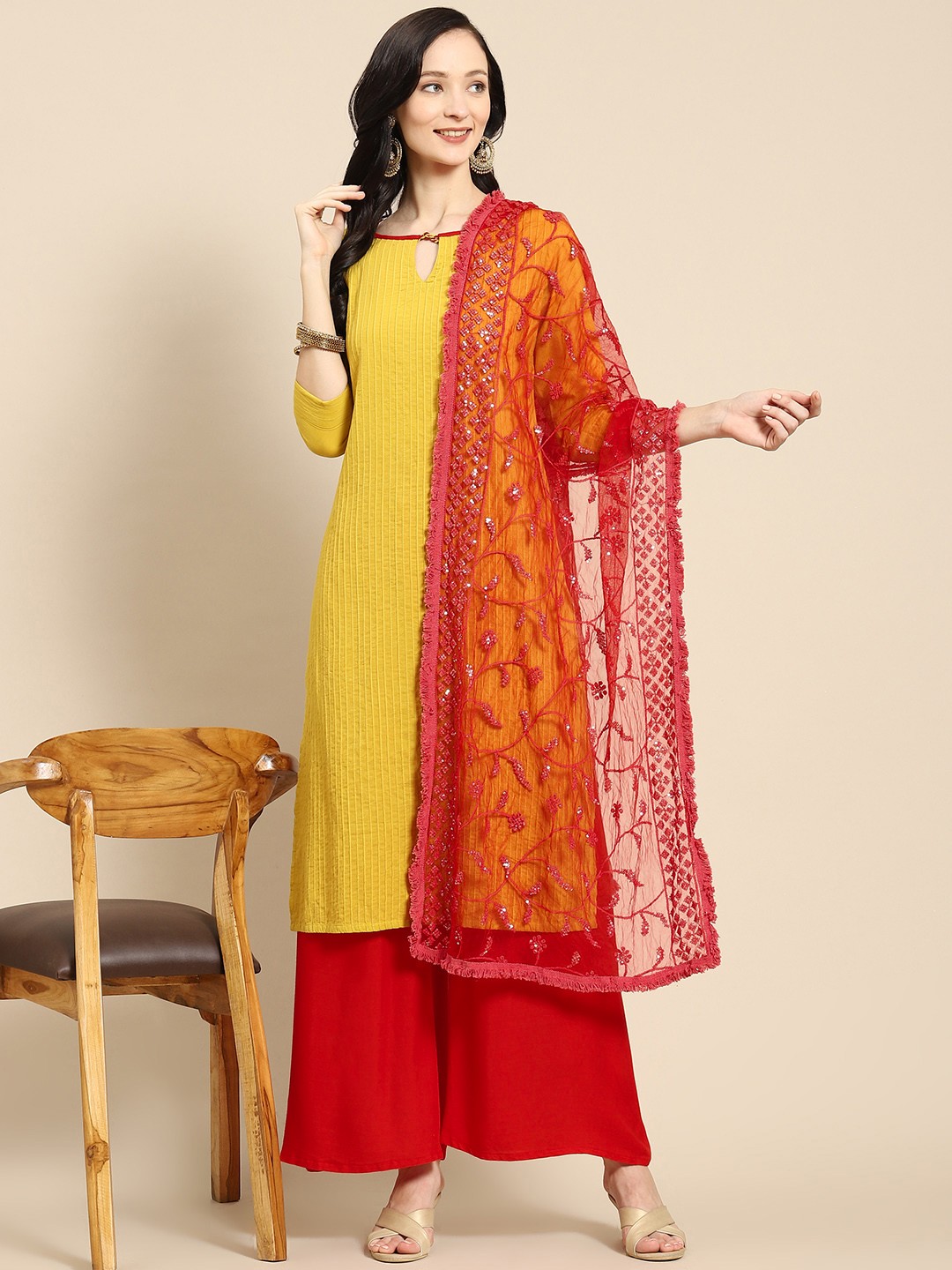 

Saadgi Red & Gold-Toned Ethnic Motifs Embroidered Dupatta with Chikankari