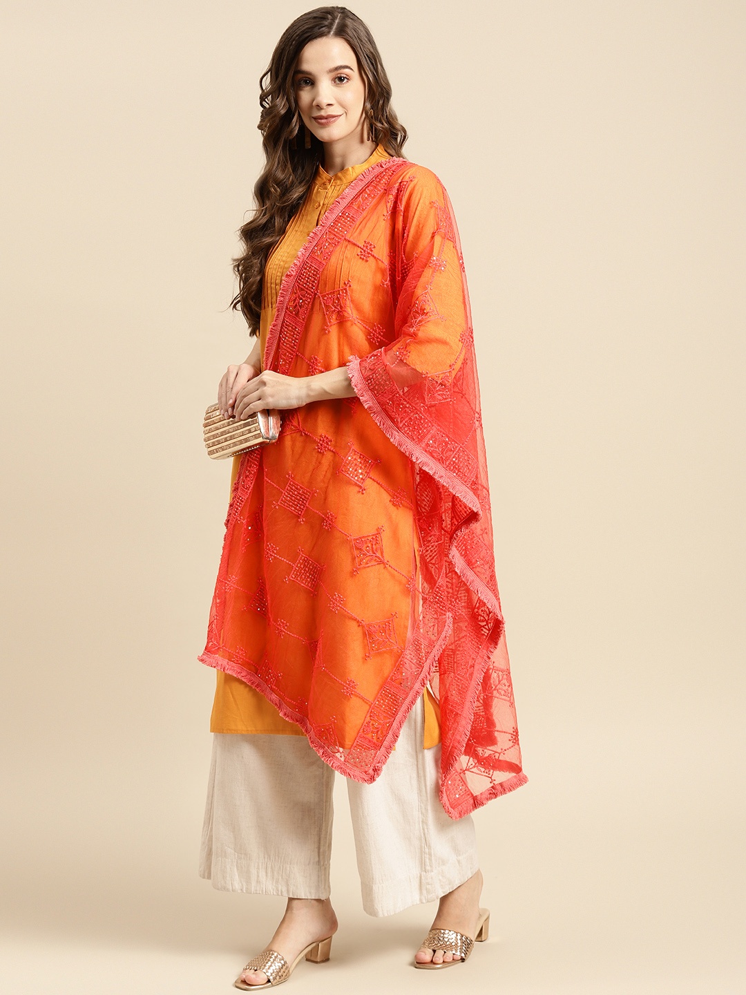 

Saadgi Red Ethnic Motifs Embroidered Sequin Work Dupatta with Chikankari