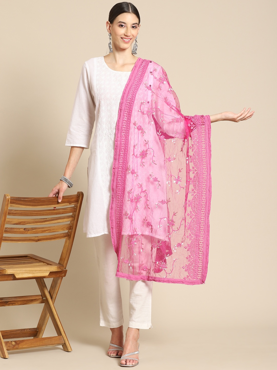 

Saadgi Pink & Golden Chikankari Embroidered Dupatta