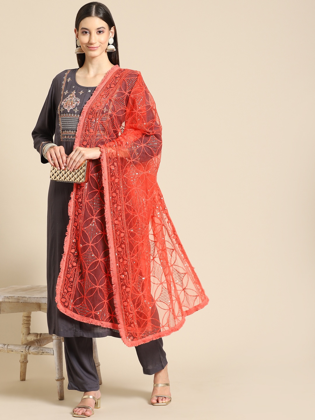 

Saadgi Red & Gold-Toned Ethnic Motifs Embroidered Dupatta with Chikankari