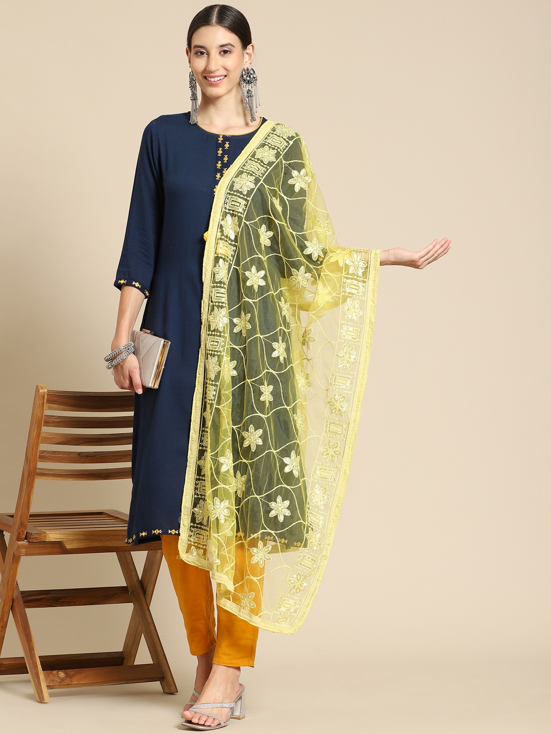 

Saadgi Yellow & Gold-Toned Ethnic Motifs Embroidered Dupatta with Chikankari