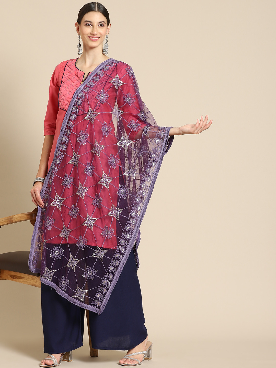 

Saadgi Mauve Ethnic Motifs Embroidered Dupatta with Chikankari