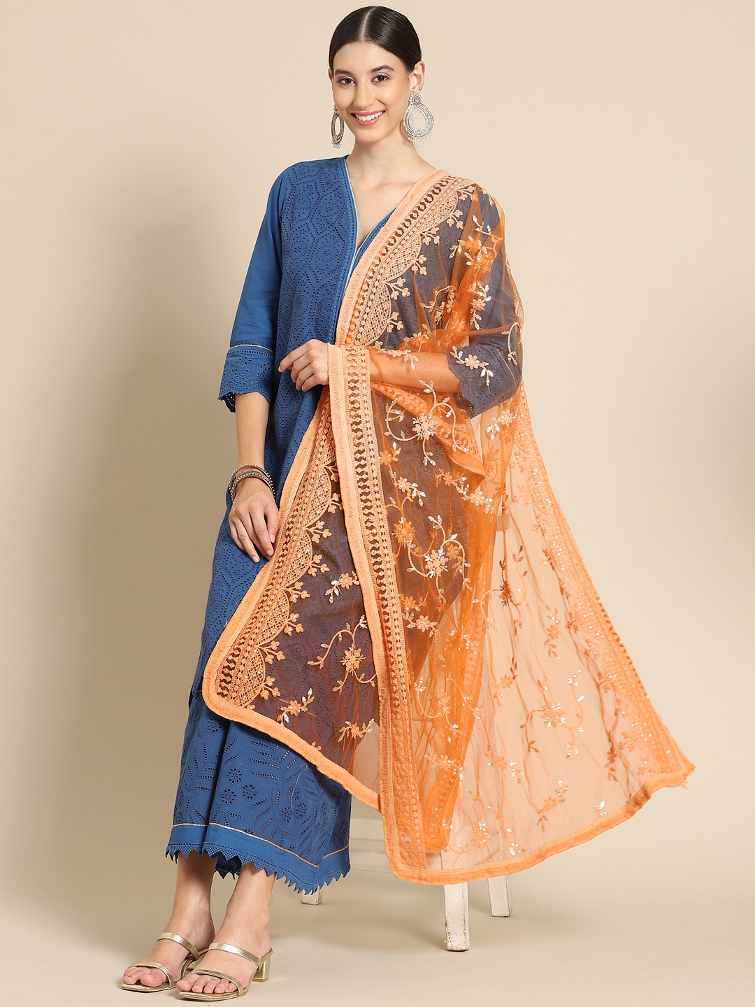 

Saadgi Orange Chikankari Embroidered Dupatta