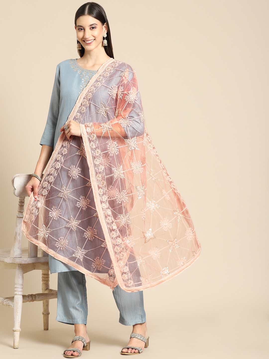 

Saadgi Peach-Coloured Ethnic Motifs Embroidered Dupatta with Chikankari