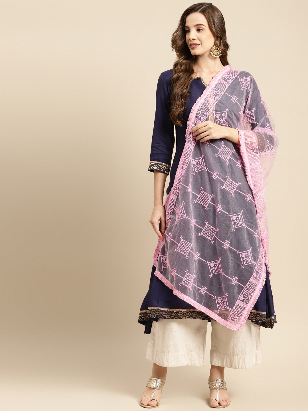 

Saadgi Pink Ethnic Motifs Embroidered Sequin Work Dupatta with Chikankari