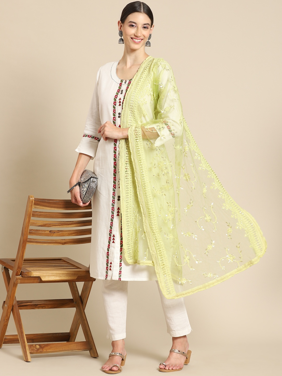 

Saadgi Fluorescent Green Embroidered Dupatta with Chikankari