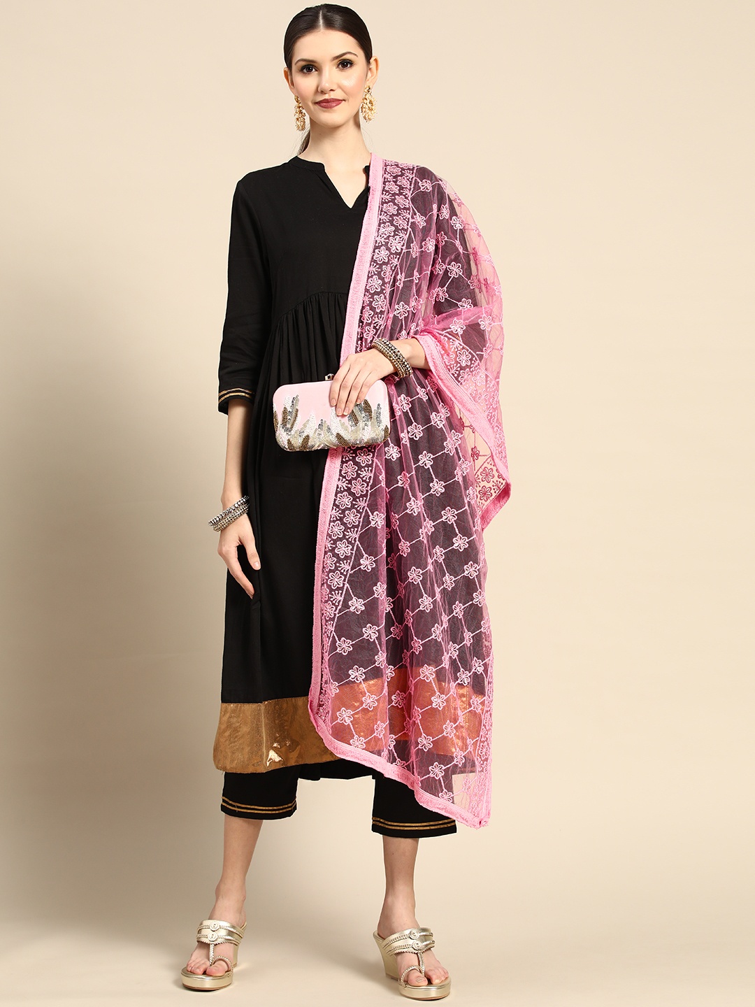 

Saadgi Pink & Golden Ethnic Motifs Chikankari Embroidered Dupatta