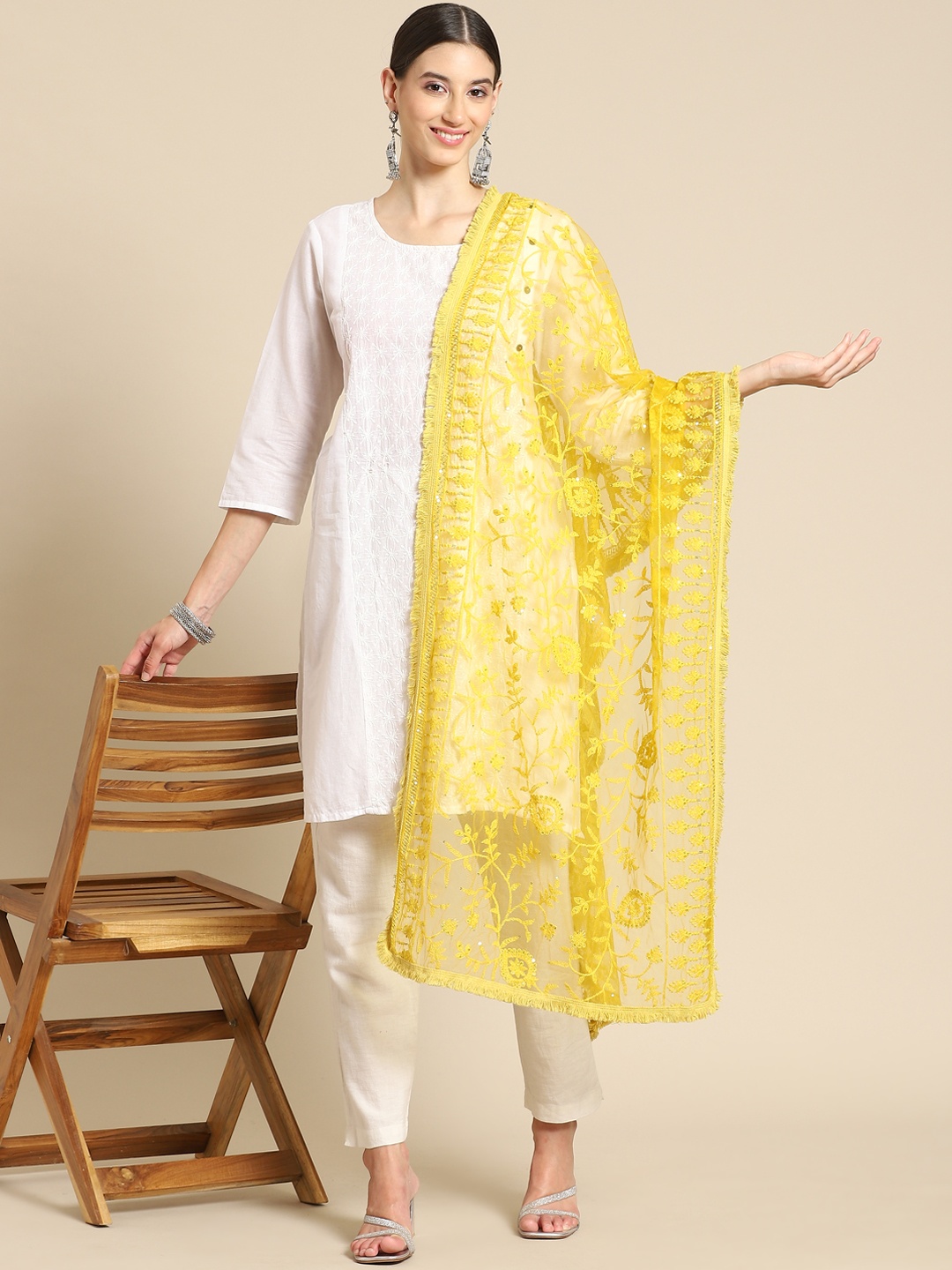 

Saadgi Mustard & Gold-Toned Embroidered Dupatta with Chikankari