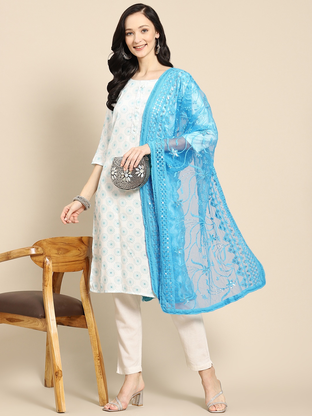 

Saadgi Turquoise Blue & Blue Ethnic Motifs Embroidered Dupatta with Chikankari