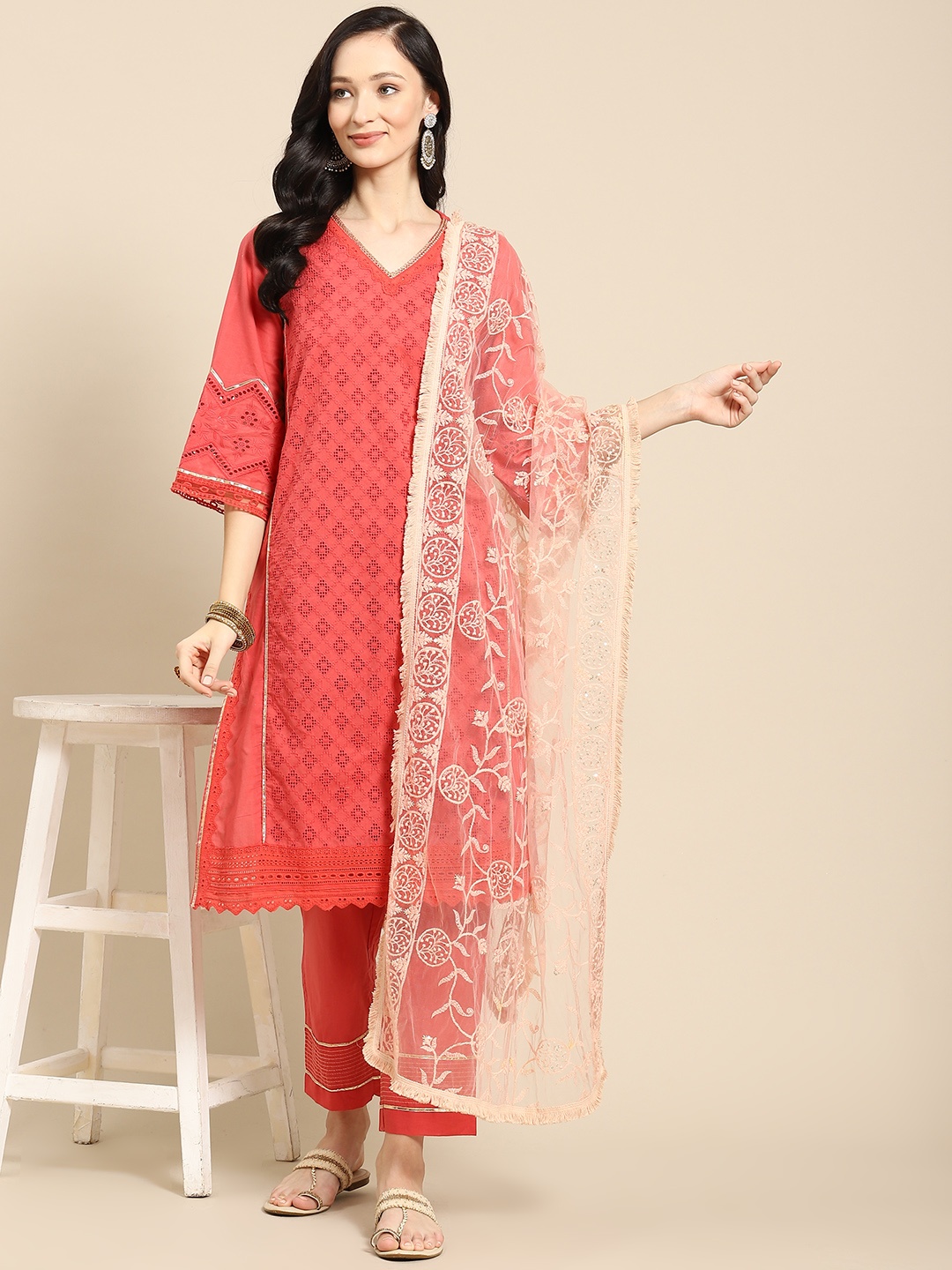 

Saadgi Peach-Coloured & Gold-Toned Ethnic Motifs Embroidered Dupatta with Chikankari