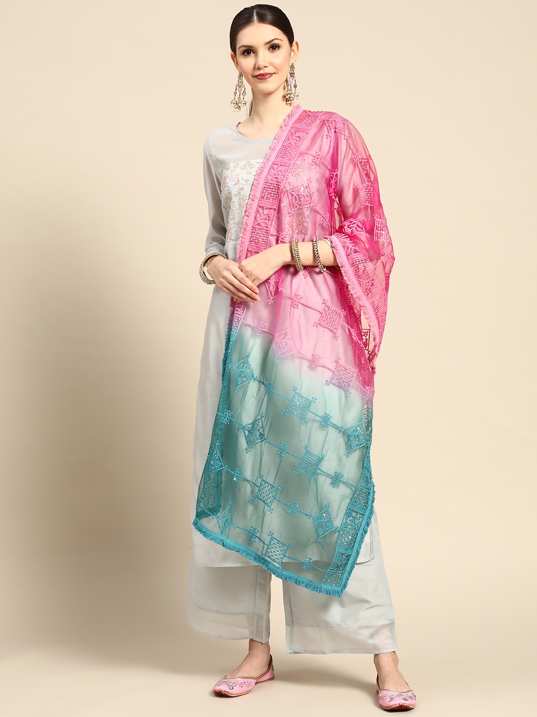 

Saadgi Pink & Blue Chikankari Embroidered Dupatta