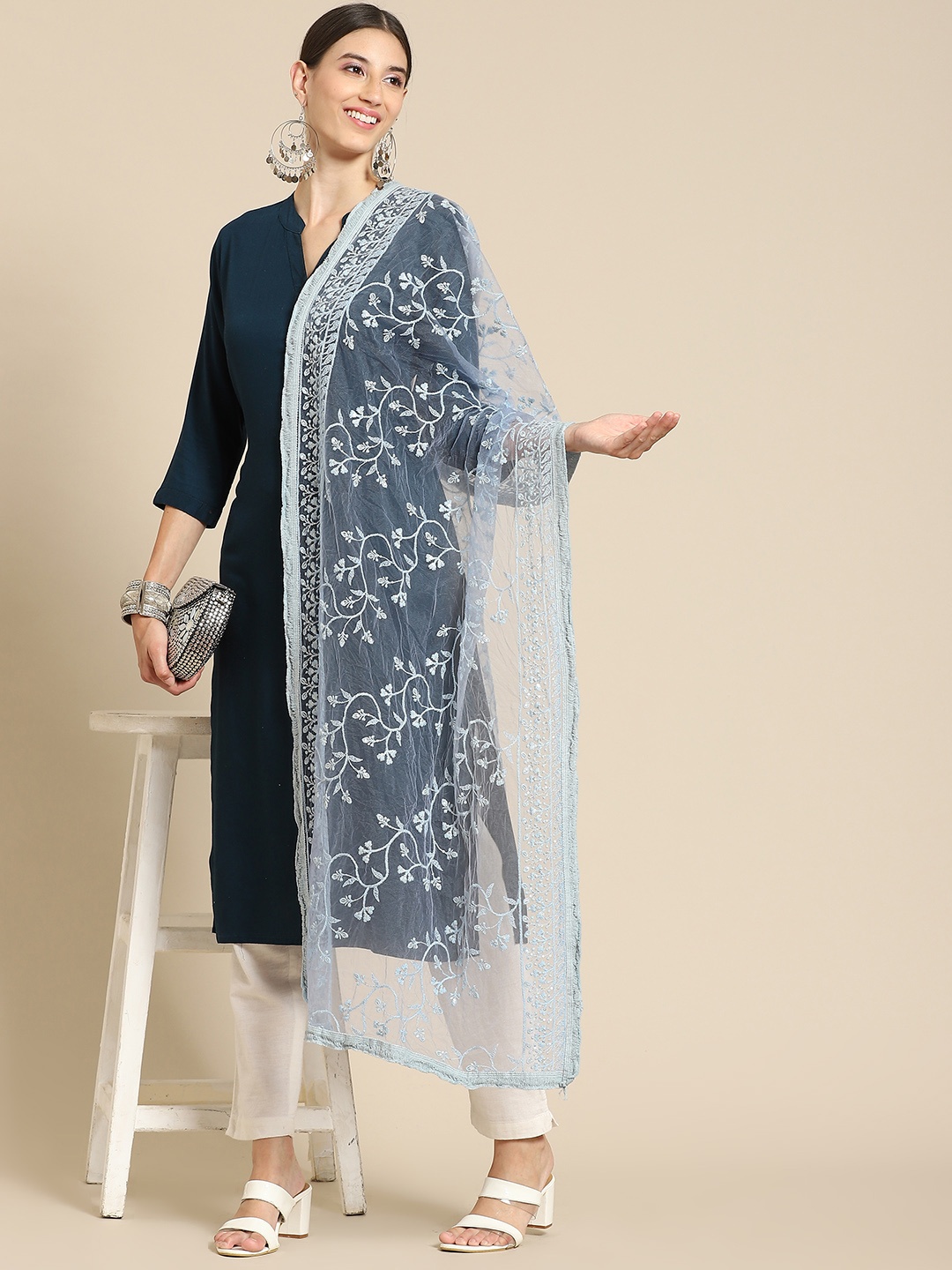 

Saadgi Blue Ethnic Motifs Embroidered Dupatta with Chikankari