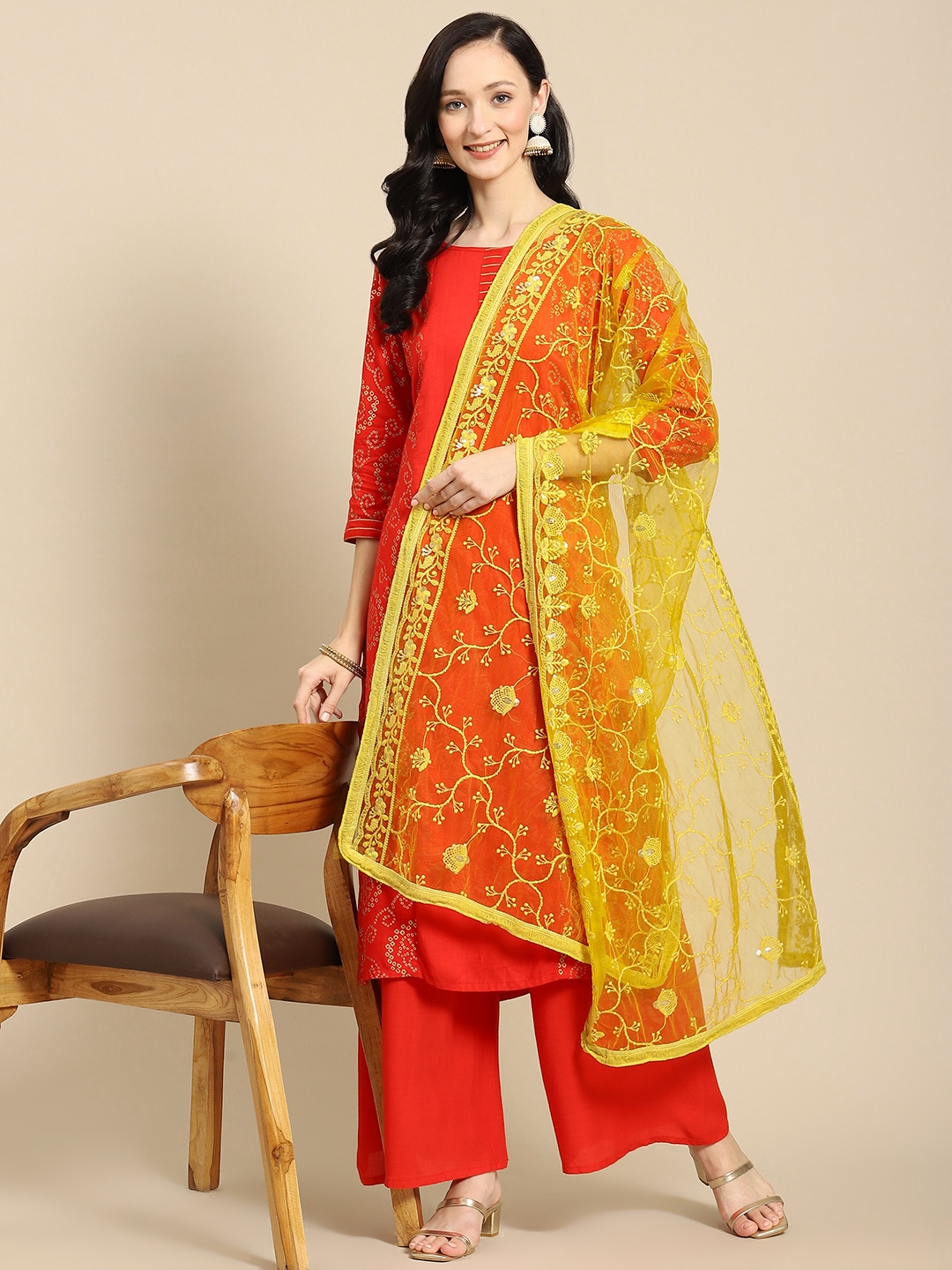 

Saadgi Yellow & Golden Chikankari Embroidered Dupatta