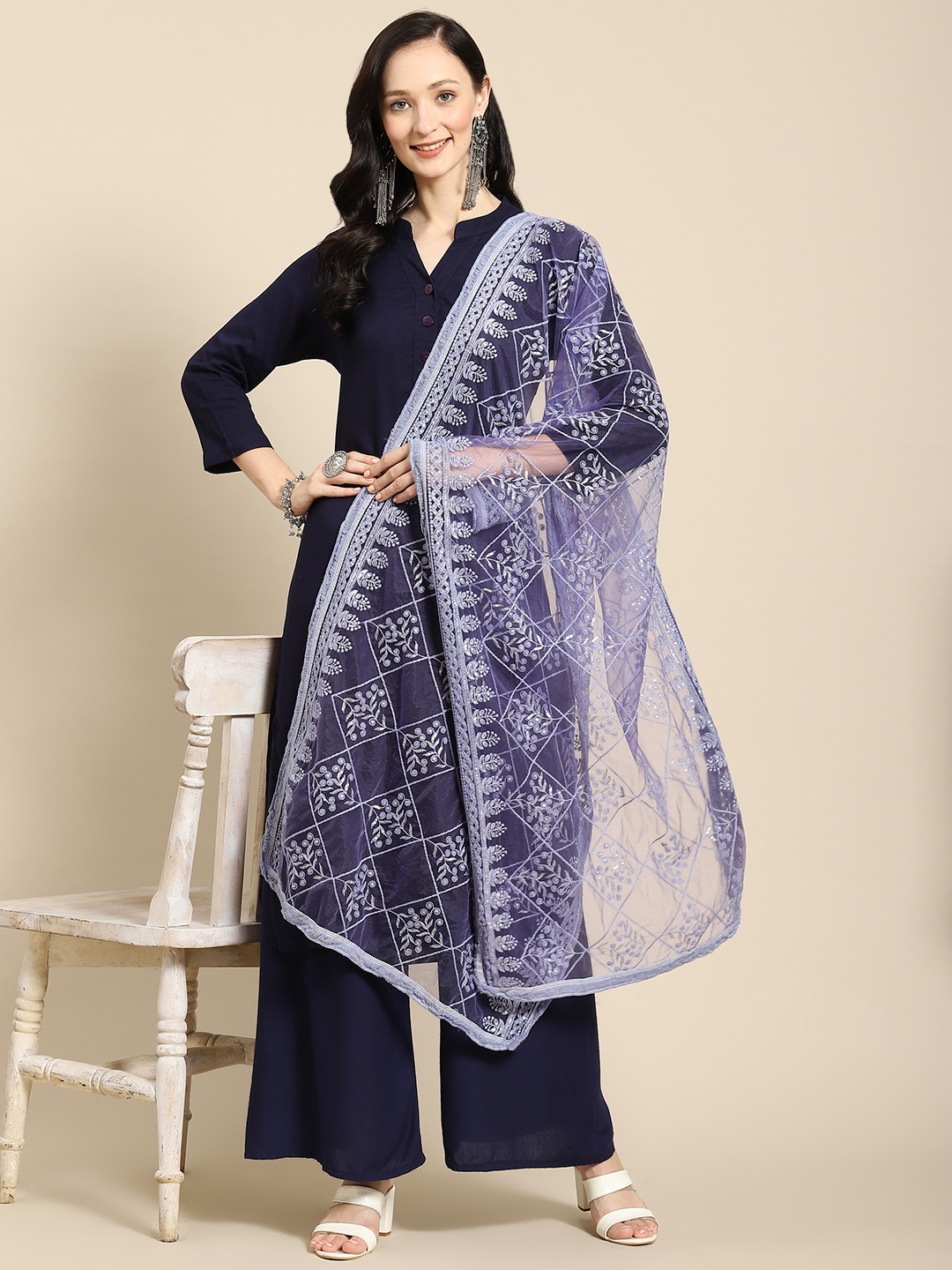

Saadgi Blue & Golden Chikankari Embroidered Dupatta
