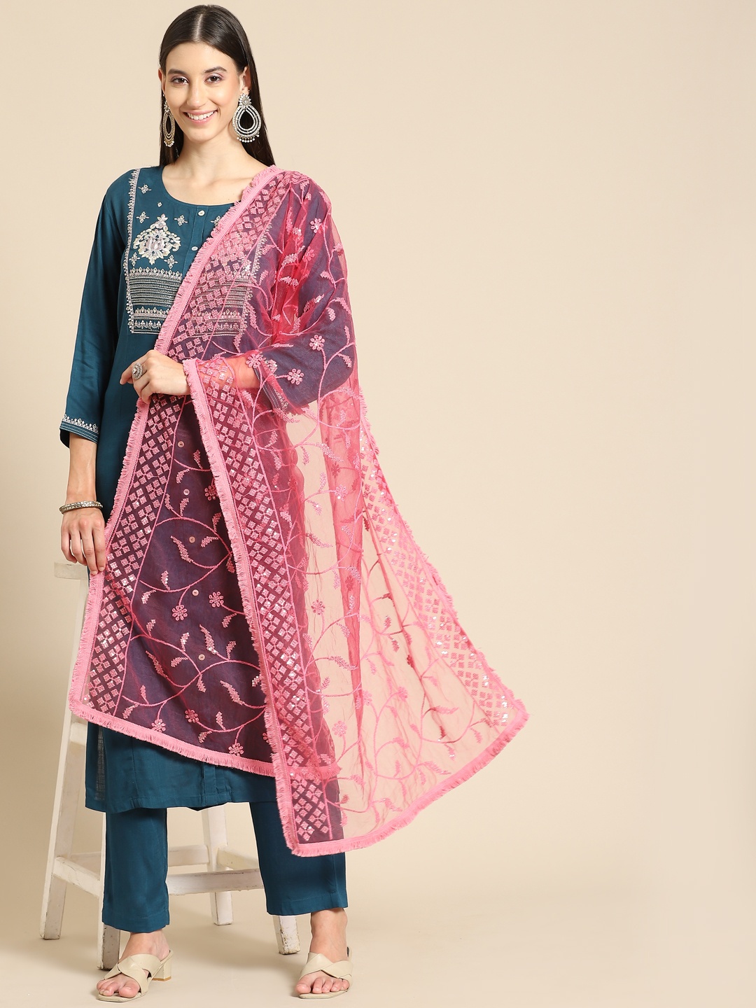 

Saadgi Rose Chikankari Embroidered Dupatta