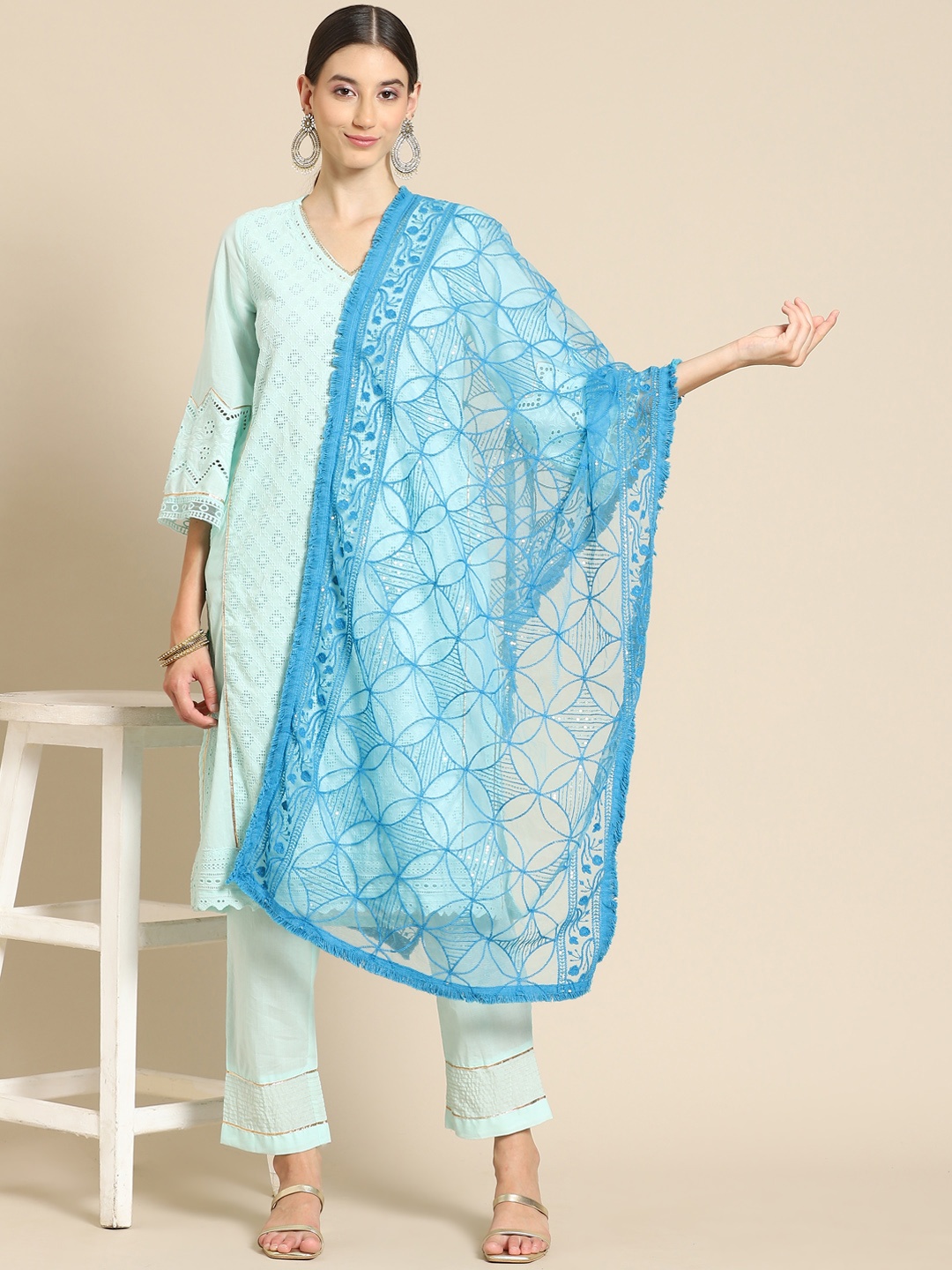 

Saadgi Turquoise Blue Chikankari Embroidered Dupatta