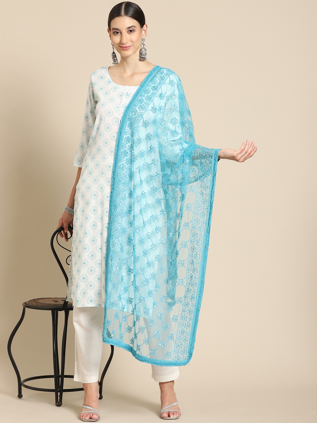 

Saadgi Turquoise Blue Chikankari Embroidered Dupatta