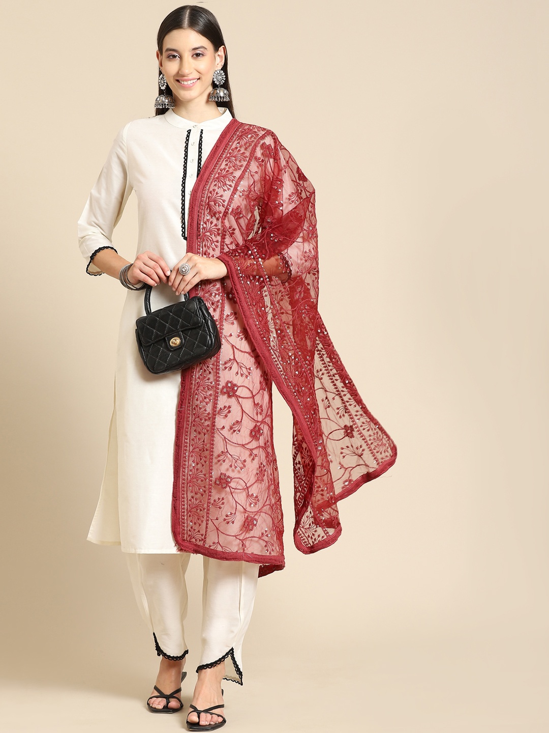 

Saadgi Maroon Chikankari Embroidered Dupatta