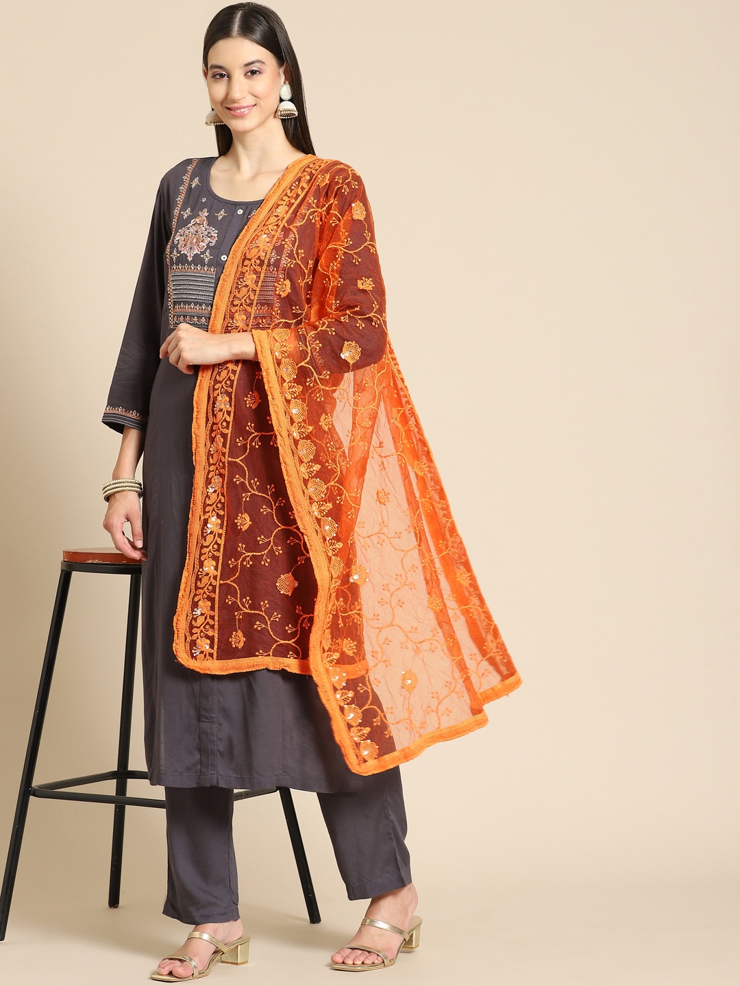 

Saadgi Peach-Coloured & Gold-Toned Ethnic Motifs Embroidered Dupatta with Chikankari