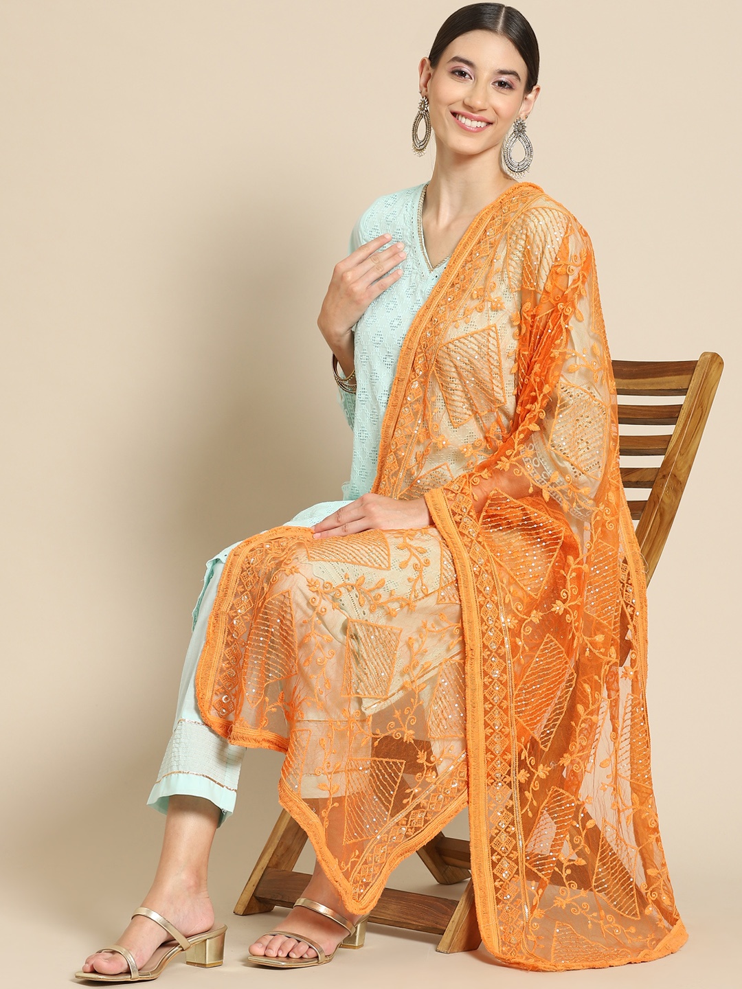 

Saadgi Peach-Coloured Chikankari Embroidered Dupatta