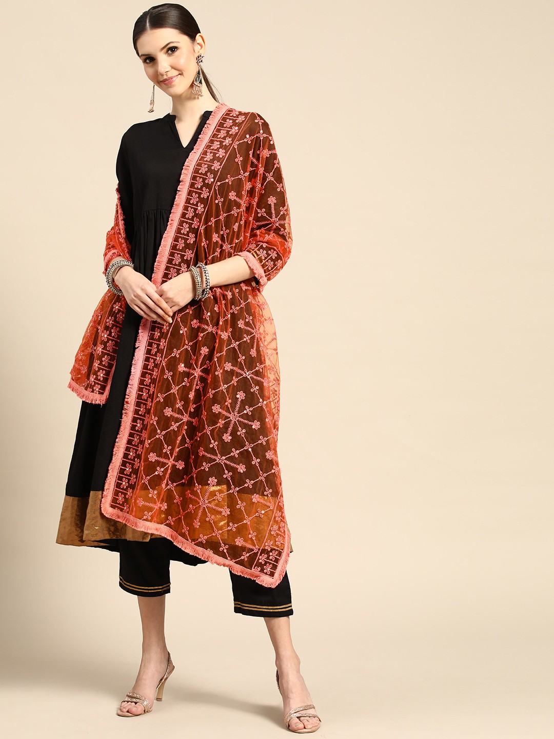 

Saadgi Peach-Coloured Chikankari Embroidered Dupatta