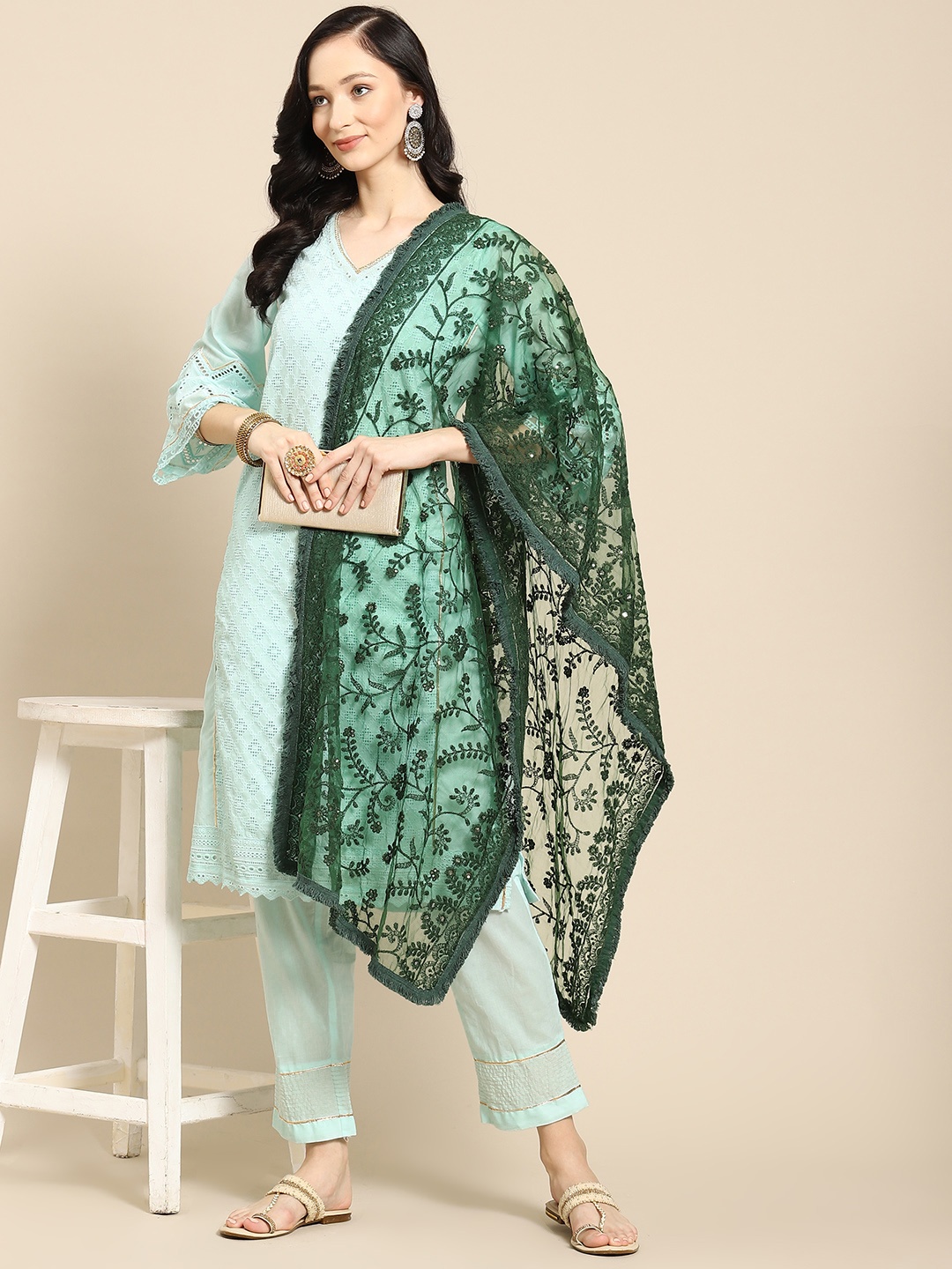 

Saadgi Turquoise Blue & Gold-Toned Ethnic Motifs Embroidered Dupatta with Chikankari