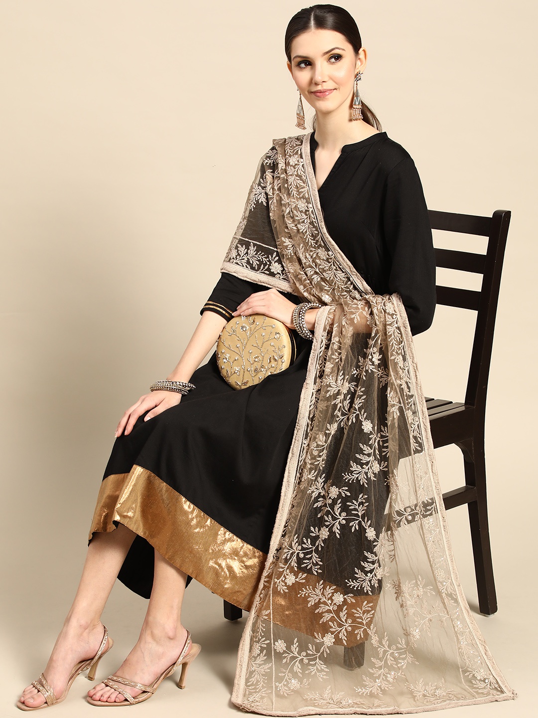 

Saadgi Brown & Golden Chikankari Embroidered Dupatta