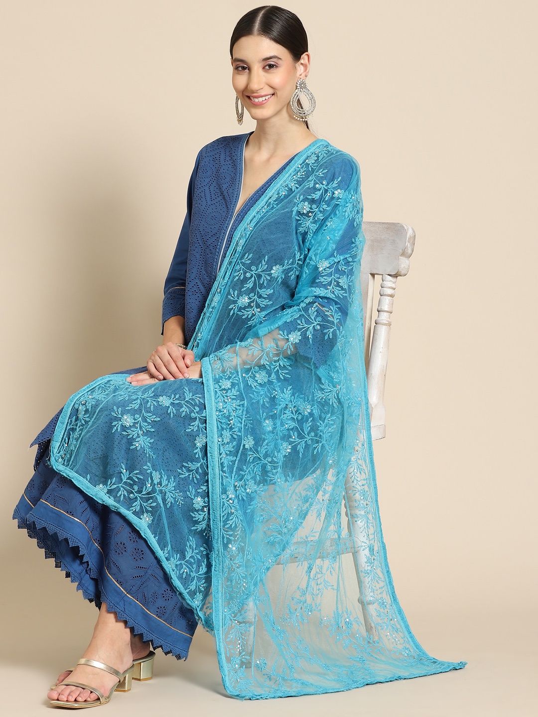 

Saadgi Blue Chikankari Embroidered Dupatta