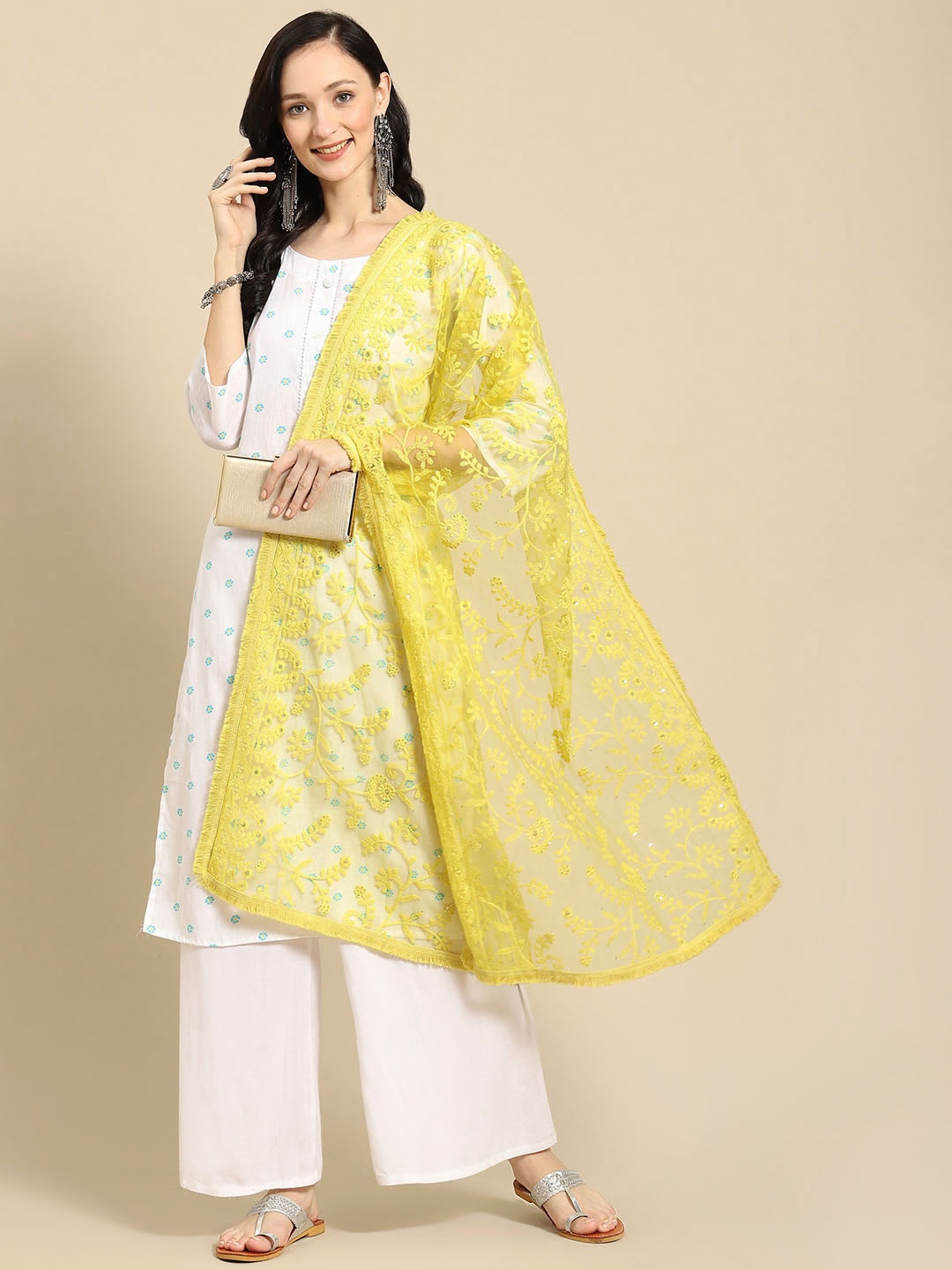 

Saadgi Yellow & Gold-Toned Embroidered Dupatta with Chikankari